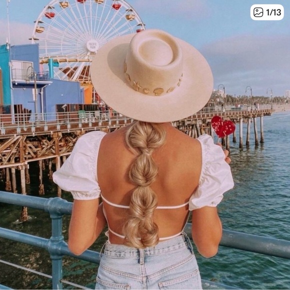 Lack of Color Seaside Boater L Hat Beige Wide-Brim Felt with Gold Shells - Picture 3 of 5